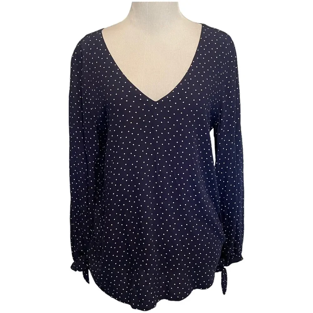 Maeve by Anthropologie Pernille Top Womens Small Navy Polka Dot V-Neck Blouse - Picture 2 of 8